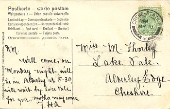 Reverse of postcard showing postmark